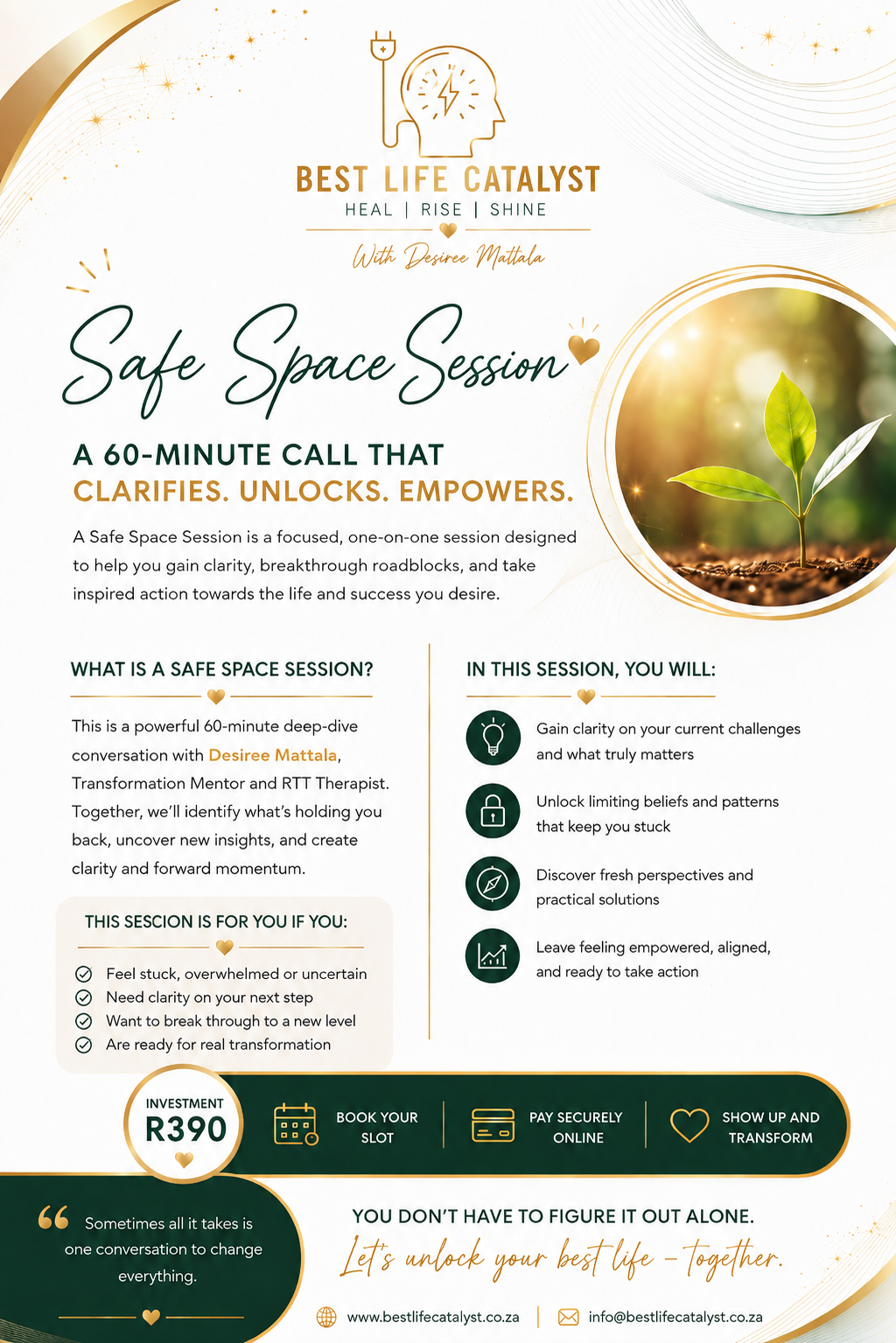 Safe Space Session flyer — a 60-minute call that clarifies, unlocks and empowers, with Desiree Matlala
